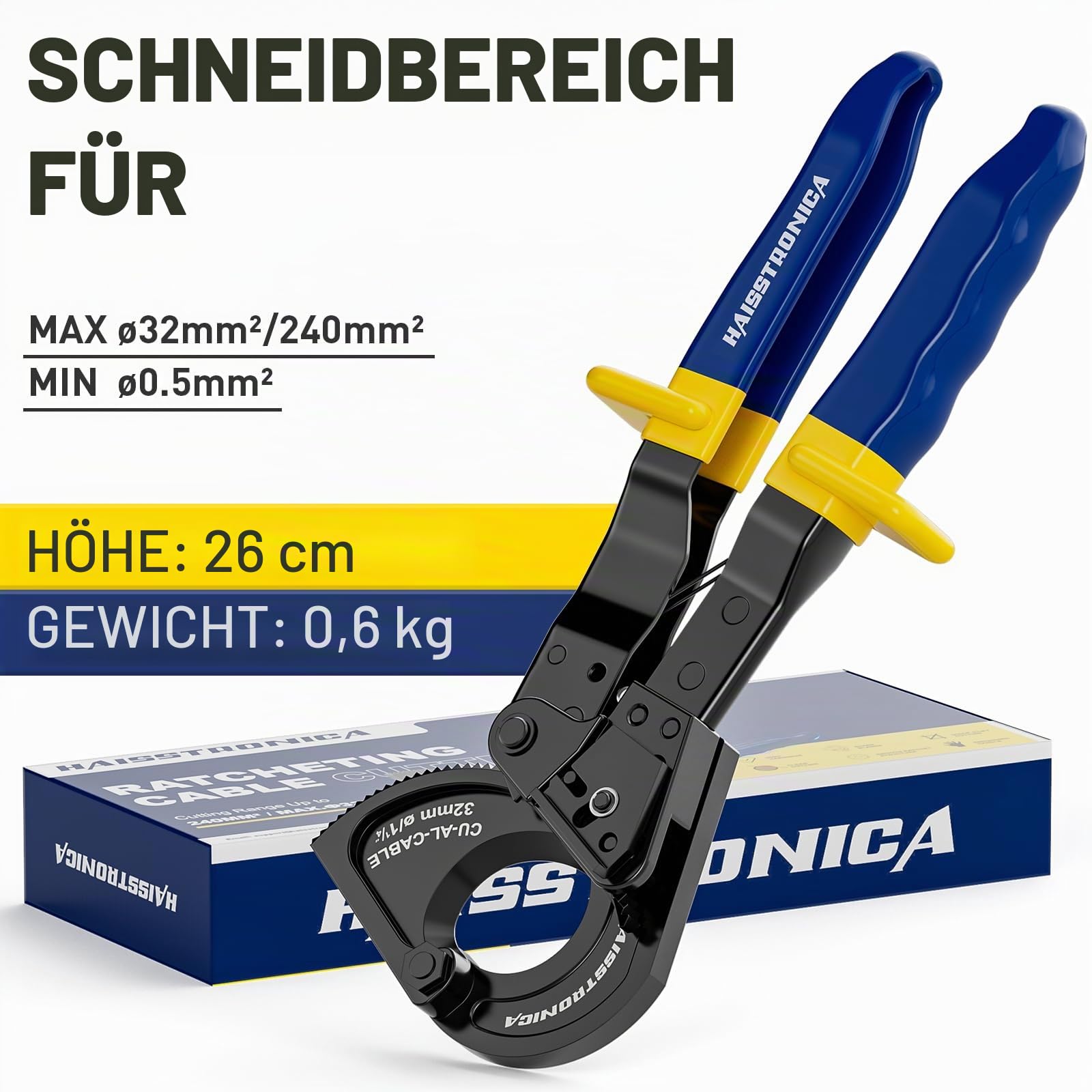 haisstronica Kabelschere, Ratschen-Kabelschneider, Hochleistungs-Drahtschneider zum Schneiden von Kupfer-Aluminium-Kabeln bis zu 500 Kcmil