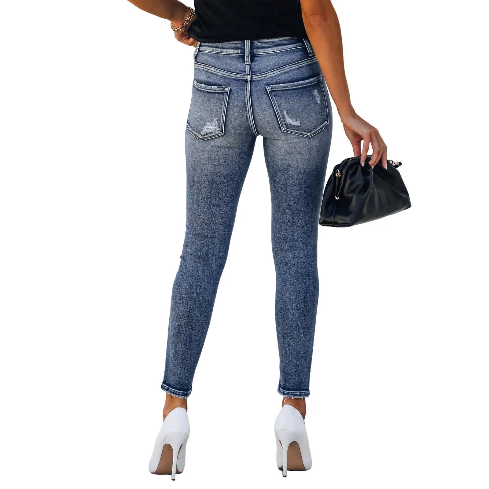 Jeans Vaqueros Pantalones Vaqueros Ajustados Moldeadores para Mujer Pantalones Vaqueros Ajustados con Botones Pantalones Vaqueros Elásticos Desgastados Y Deshilachados Moda