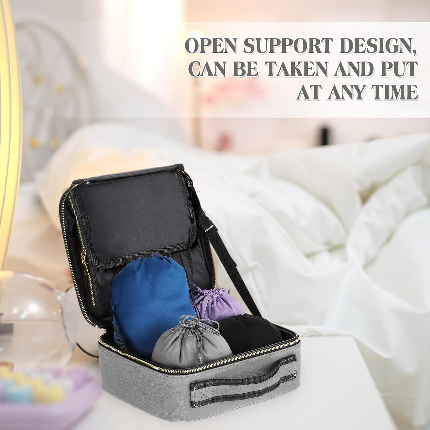 Eccliy Locking Adult Toy Bag Box Game Toys Storage Organizer with 20 Different Size Drawstring Bags Toy Storage Case for Women and Men(Gray,10.24 x 9.06 x 3.94 Inches)