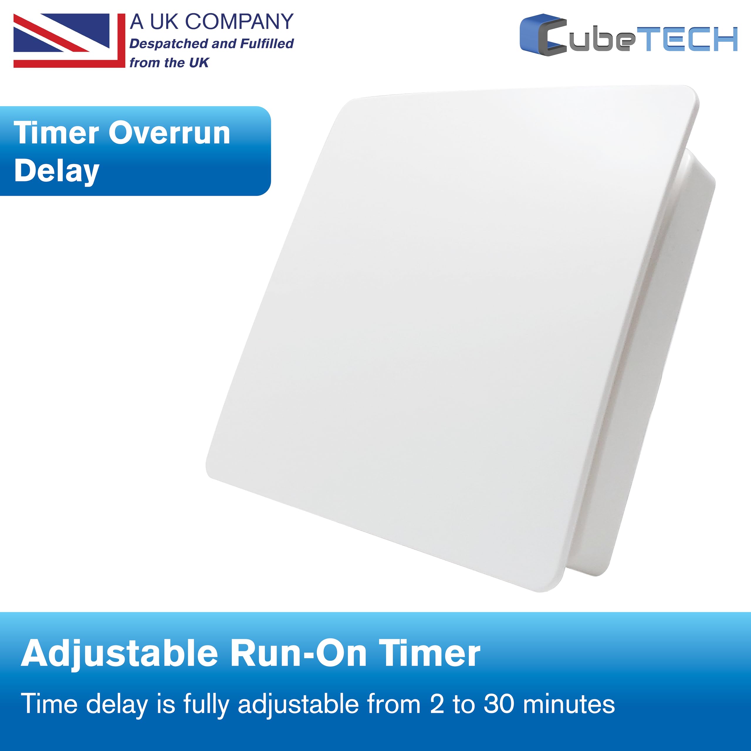 CubeTECH CTEF100t Ventilatore estrattore silenzioso per bagno da 100mm (4") con timer e ritardo di spegnimento. Bianco liscio.