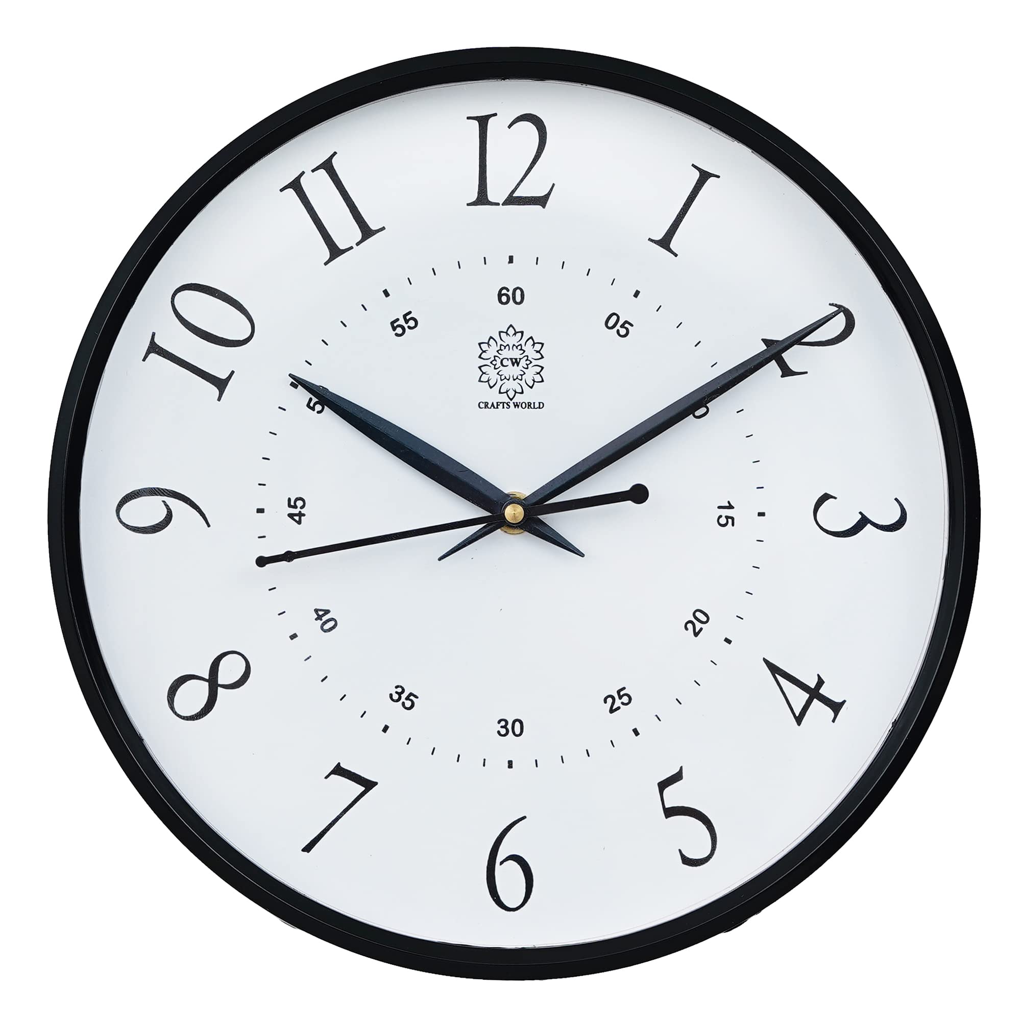 CW Crafts World Home and Office Decorative Round Analog Silent Movement Wall Clock for Decor Wall, Easy to Read Bold Numbers, Silent Non-Ticking Wall Clock with Transparent Glass, White, Black