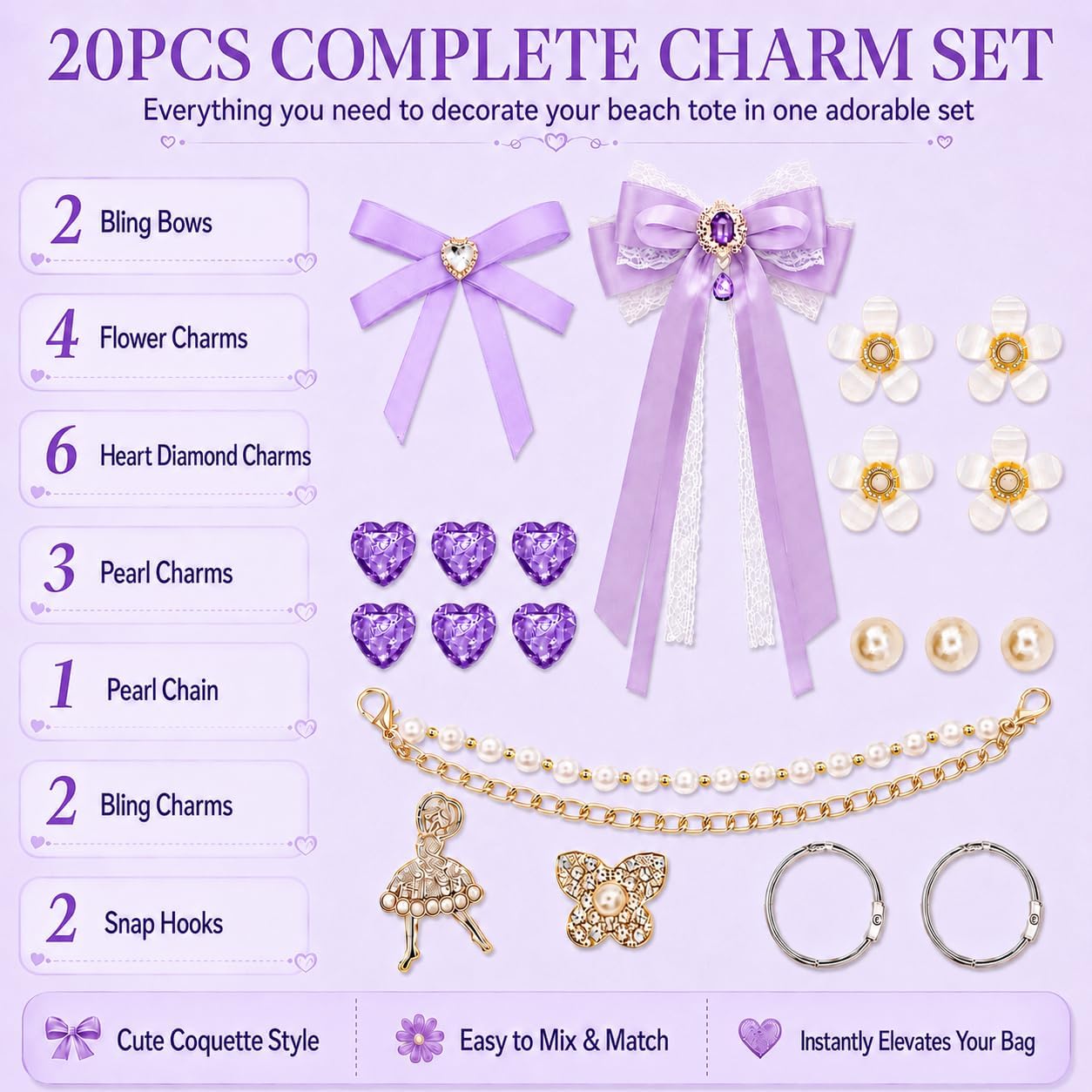 LBU Bling Charms for Bogg Bag Accessories, Fabric Bow, Pearl Chains, Flowers Pearl, Butterfly, Heart Diamond Insert Charms for Bogg Beach Rubbet Tote Simply Southern Women Bags(Purple)