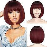 WERD Short Wine Red Bob Wig with Bangs, Straight Burgundy Wig Bob for Women, Short Straight Natural Looking for Daily and Party