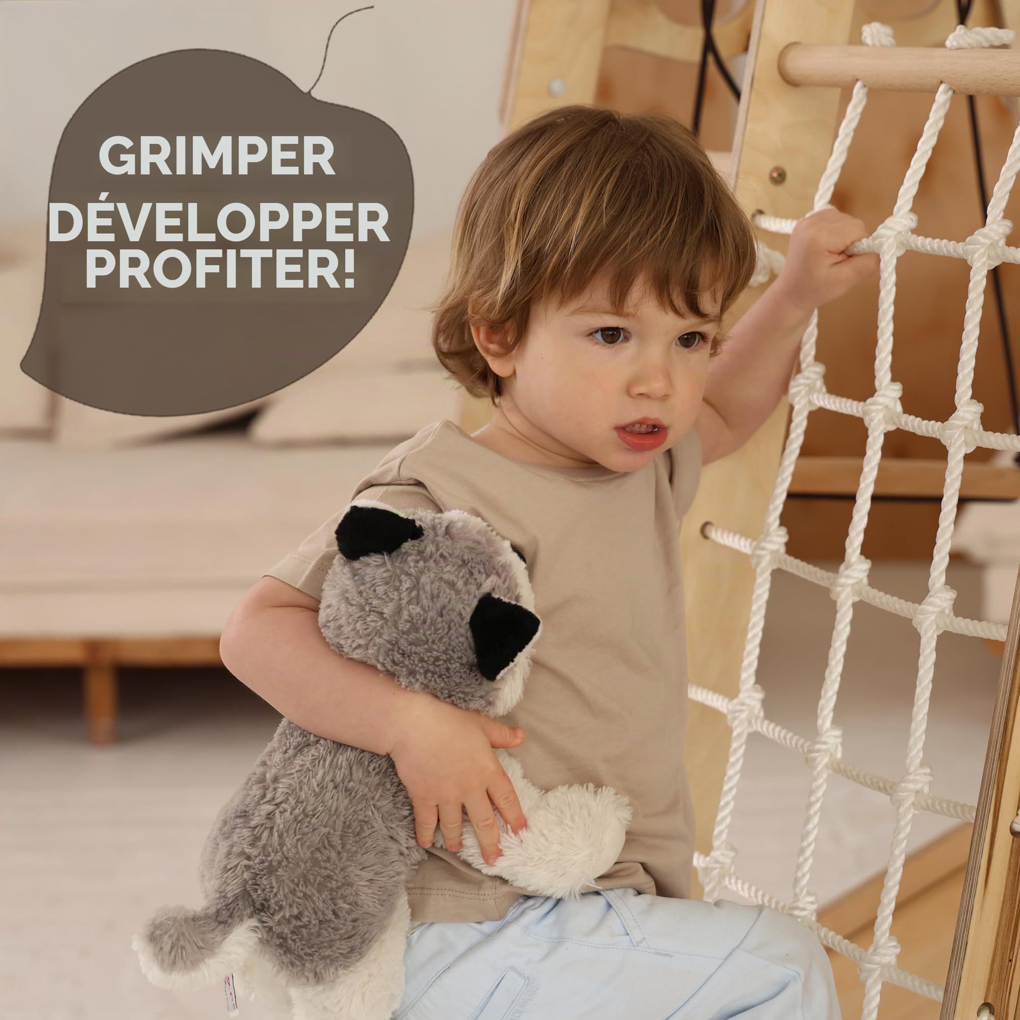 Jungle gym d’intérieur en bois 9-en-1 pour enfants, avec espalier suédois, barres de singe, barre de traction, anneaux, balançoire, échelle de corde, planche d’escalade, toboggan et plateforme
