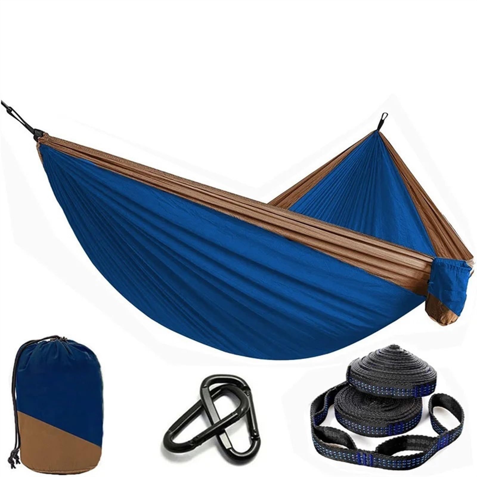 hamaki podróżne Hamak spadochronowy z paskami i karabińczykiem Camping Survival Travel Dwuosobowe meble ogrodowe(Royal blue and camel)