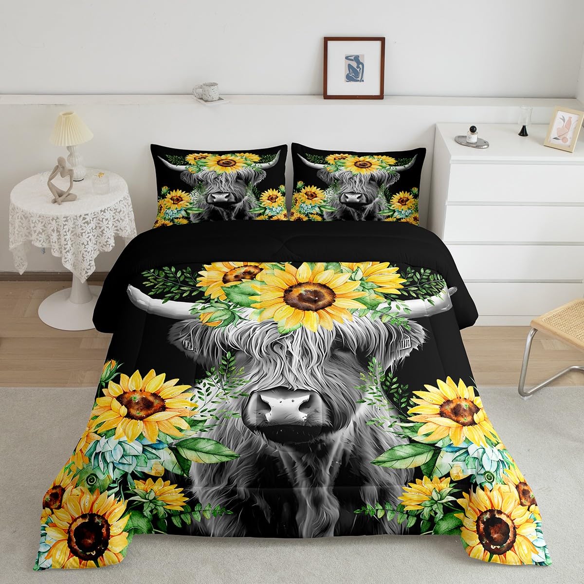Loussiesd Highland Cow Bedding Set Kids Sunflower Floral Western Cow Bull Duvet for Girls Teens Farmhouse Wildlife Animal Comforter Black Duvet Set Room Decor Quilt Set Single Size