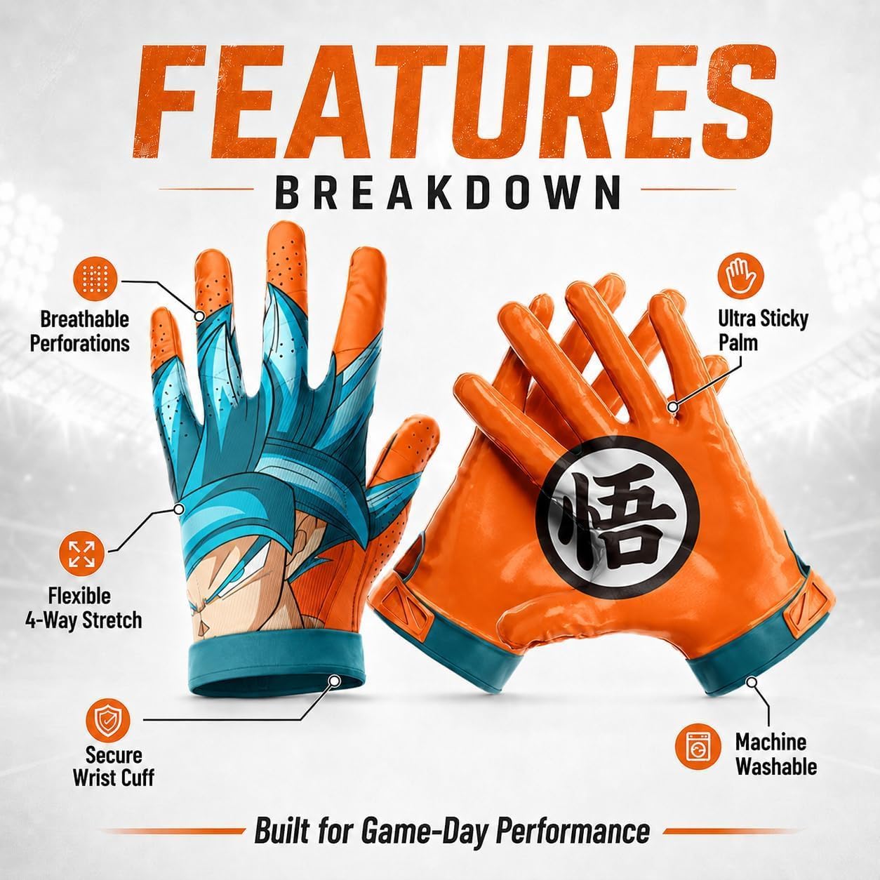 Anime G Football Gloves | Anime-Themed Sticky Wide Receiver Gloves for Youth & Adult | Super Grip, Breathable Design, All-Weather Performance