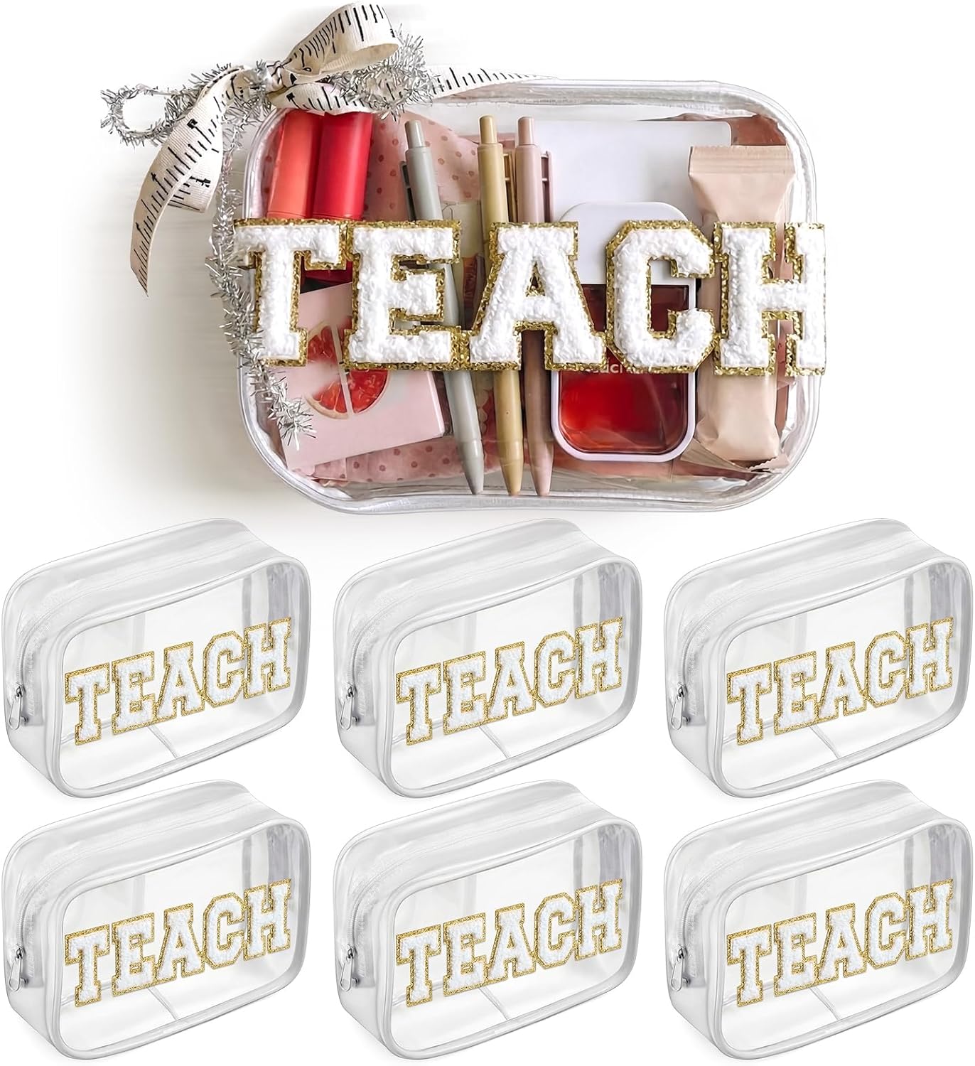 Tallew 6 Pcs Teacher Appreciation Gifts Clear Makeup Bag TEACH Chenille Letter with Ribbon Crinkle Paper Patches Cosmetic Zipper Pouch PVC Organizer Thank You Gifts Wrap Bag for Teachers
