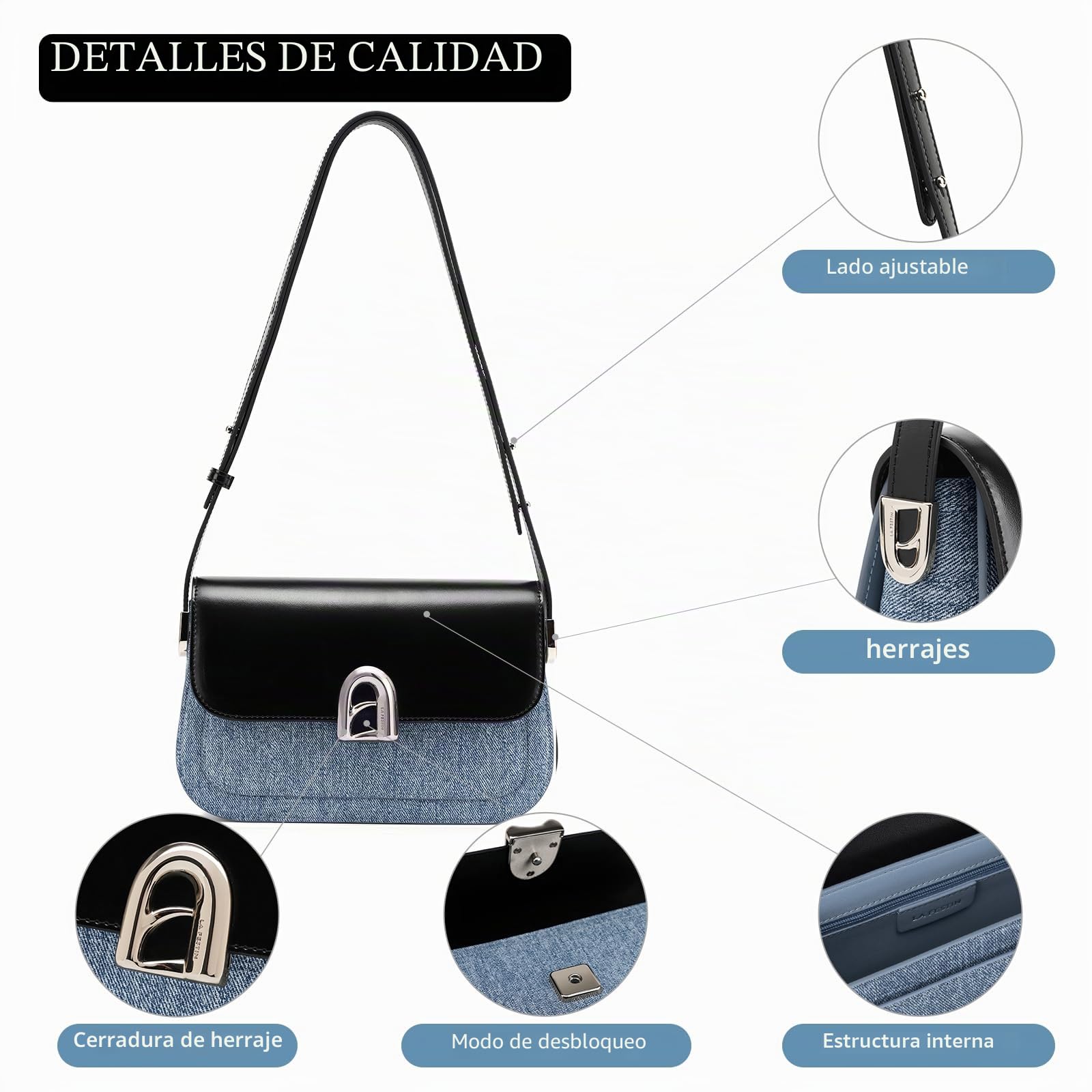 LA FESTIN Bolso de hombro de cuero para mujer, bolso cruzado con correa ajustable para mujer, bolsos de diseñador