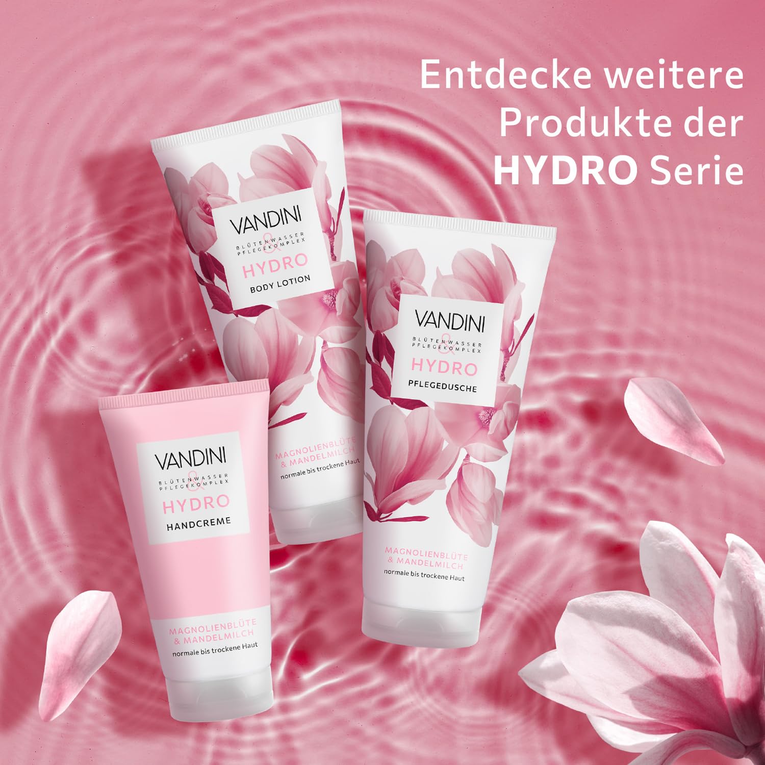 VANDINI HYDRO - 6 creme per le mani da donna, 75 ml, con fiori di magnolia e latte di mandorle, crema nutriente per le mani per pelli normali e secche, vegana, senza parabeni e siliconi, Made in