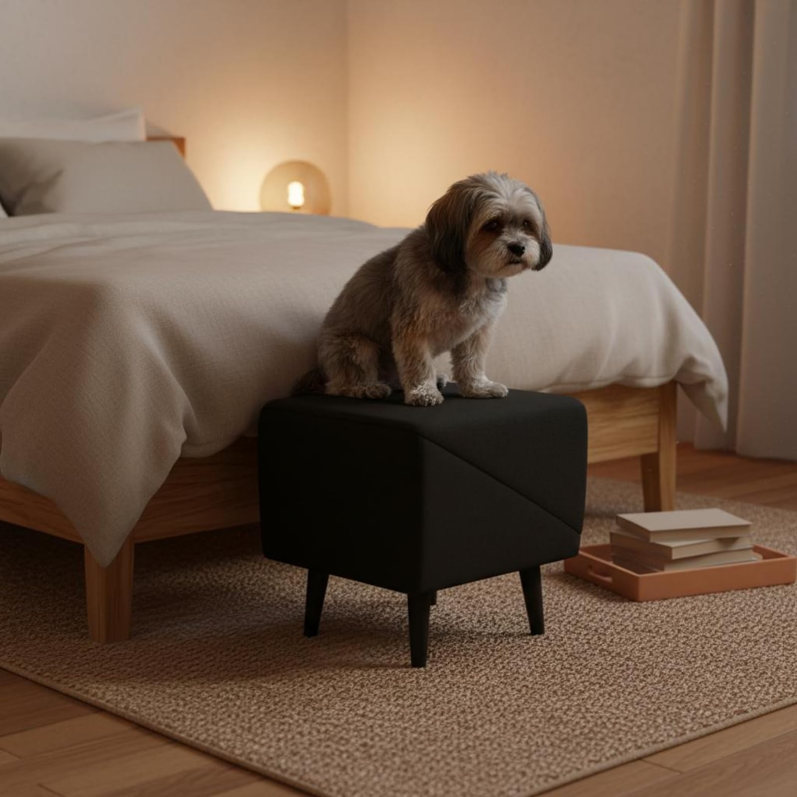 Escalera para Perros Plegable Multifunción Rampa Plegable para Mascotas Accesorio de Madera Acolchado Superficie Suave para Apoyo Adecuada para Ayudar, Negro, Lino De Algodón