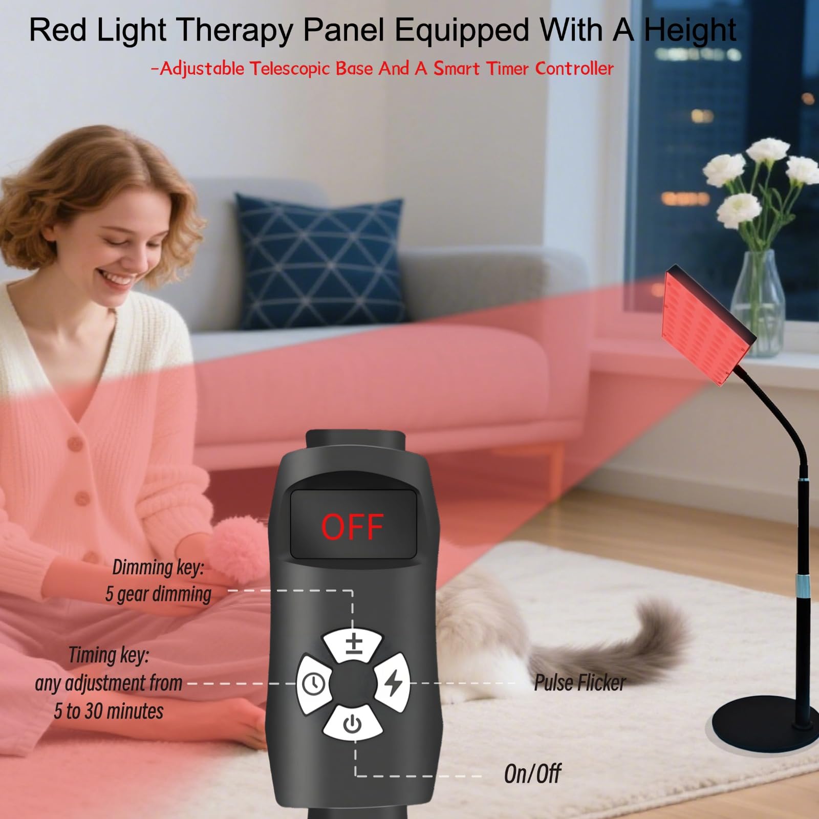 Lámpara de panel de terapia de luz roja de 30 W y 100 LED, infrarrojo cercano, longitudes de onda duales de 660 nm y 850 nm, brillo ajustable con temporizador para cuerpo completo, altura ajustable