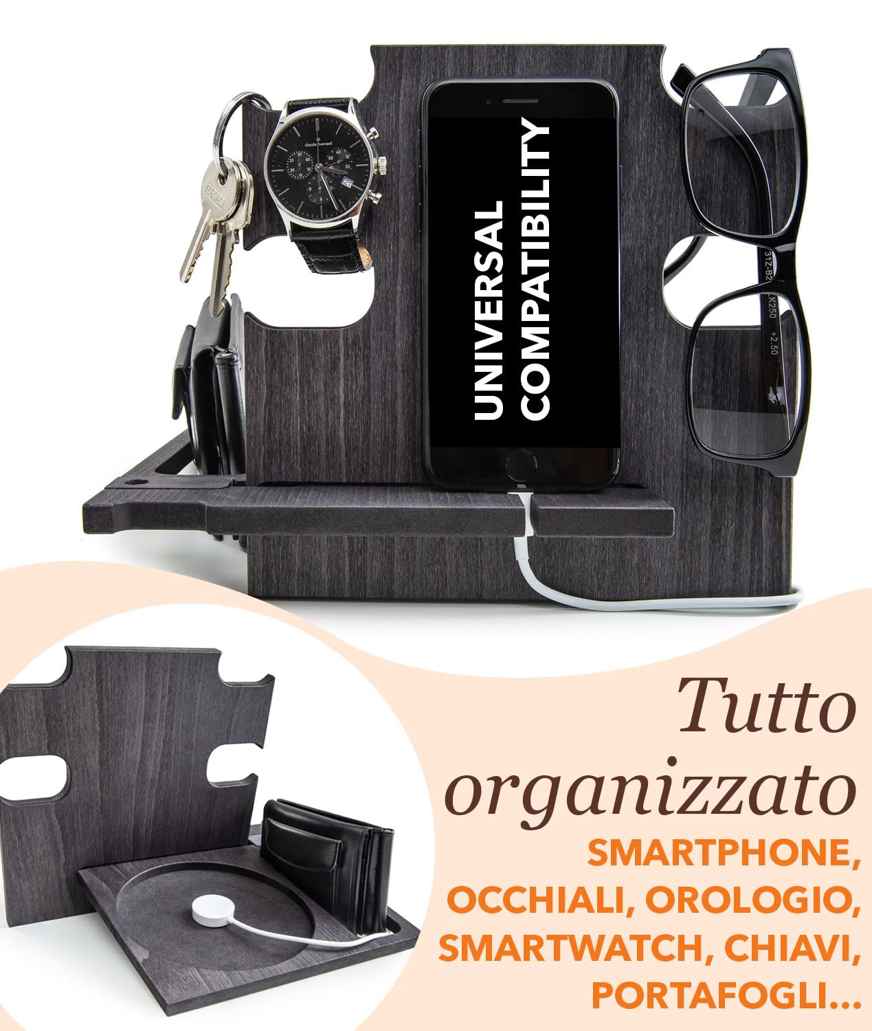 Greta Oto Svuotatasche in Legno Personalizzato Organizer da Scrivania e Comodino con Supporto per Smartphone Porta Orologi Regalo Festa del Papà