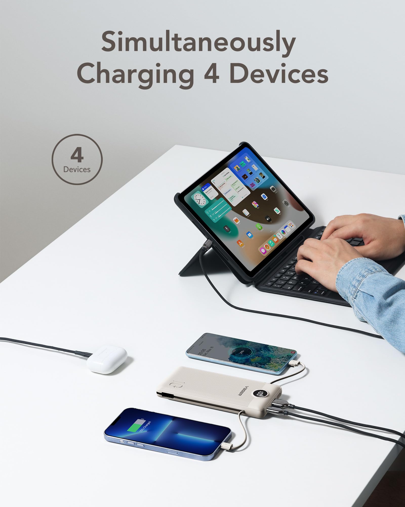 VEGER Portable Charger with Built-in AC Plug and Cables, All in One 10000mAh Ultra Slim Power Bank Travel Essentials, Fast Charging Battery Pack Compatible with iPhone, Samsung, Android (Coffee) - 4