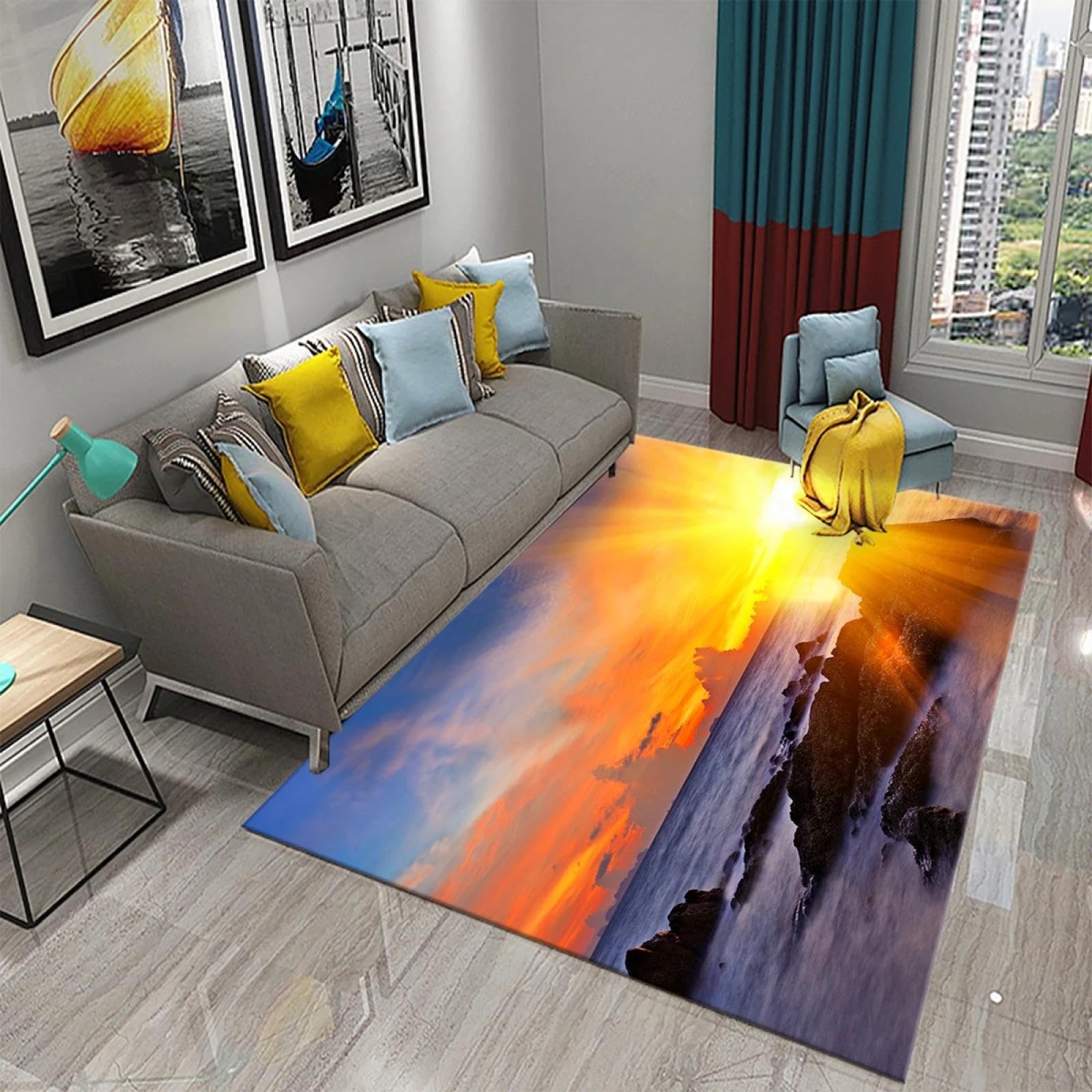 Alfombra con paisaje de montaña y lago lavable para decoración