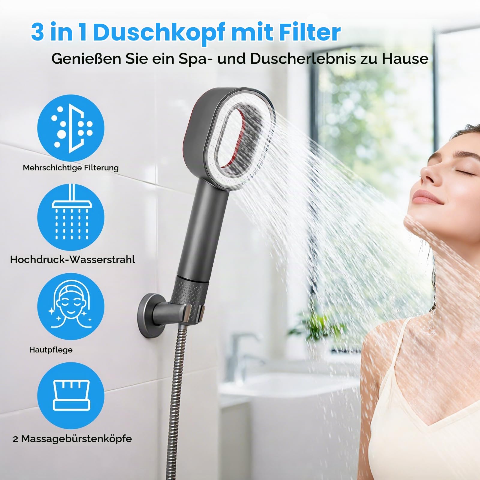 3 In 1 Duschkopf mit Filter, Hochdruck Handbrause, Duschbrause mit 2 Reinigungsbürstenköpfen & Duft, Entfernt Kalk, Rest-Chlor, Bakterien, Schwermetalle