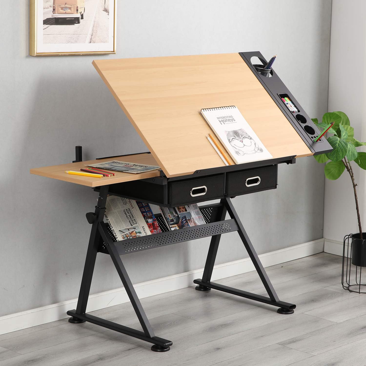 SogesHome Zeichentisch mit Hocker Maltisch Verstellbarer Schreibtisch neigbar Architektentisch Schreib und Zeichentischf ür Kunst Schreibtisch zum Zeichnen Design, Schreiben, Malen, Basteln