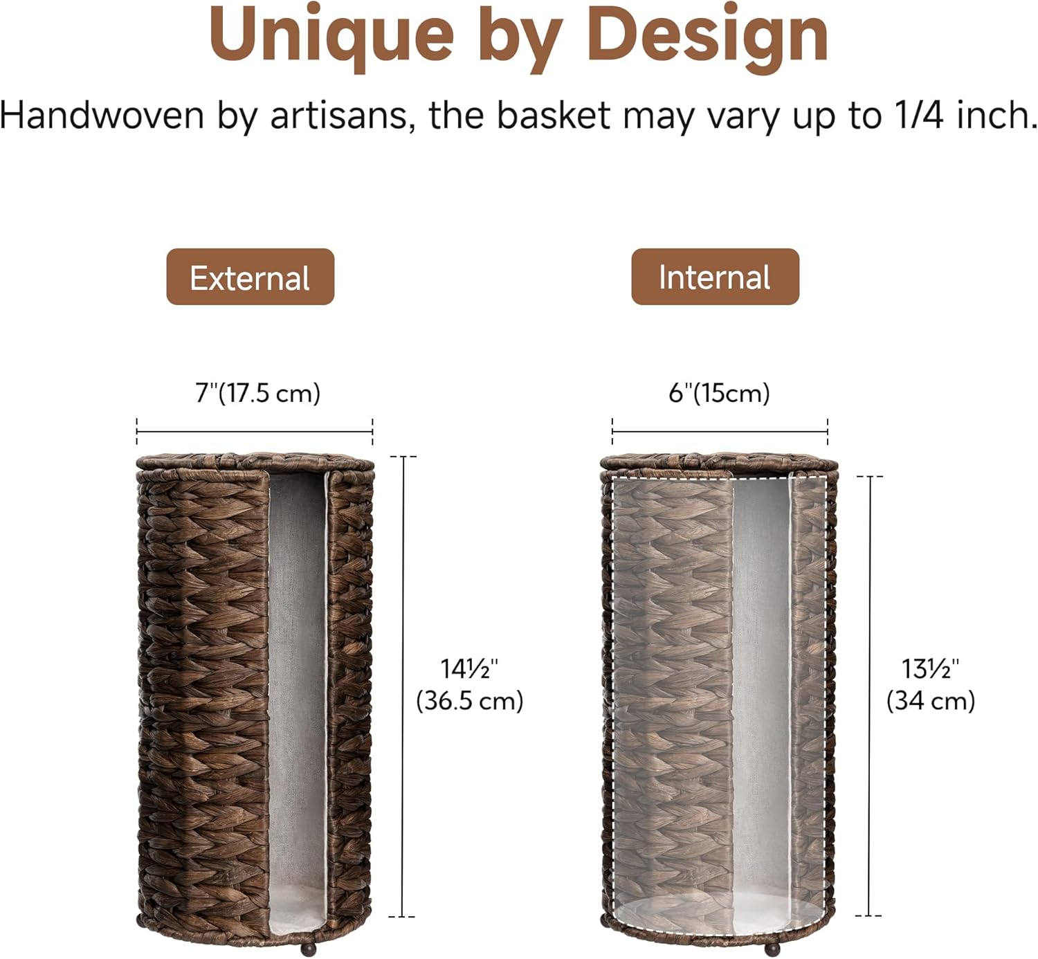 StorageWorks Free Standing Wicker Toilet Paper Holder Stand for Bathroom Storage, Decorative Water Hyacinth Toilet Paper Storage with Lid, 3 Rolls of Tissue Holder with a Built-in Cloth Lining, Brown