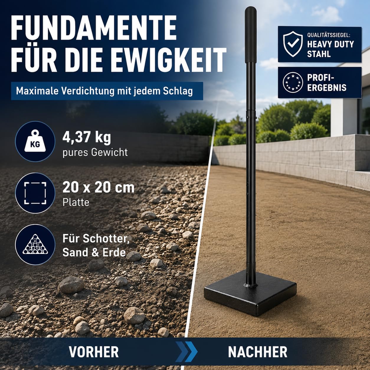 WERKTHOR Machacador de suelo de acero desmontable, 122 cm de alto, con placa base de 20 x 20 cm, apisonador manual para compactar con mango de goma