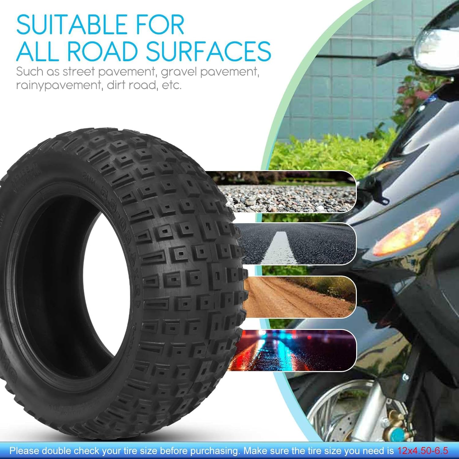 12x4.50-6.5 Tire for K8 Scooter, 12x4.5-6.5 12in Electric Scooter Tire with Off-Road Tread, 12 x 4.50-6.5 Llantas Vacuum Electric Scooter Nylon Tire Replacement