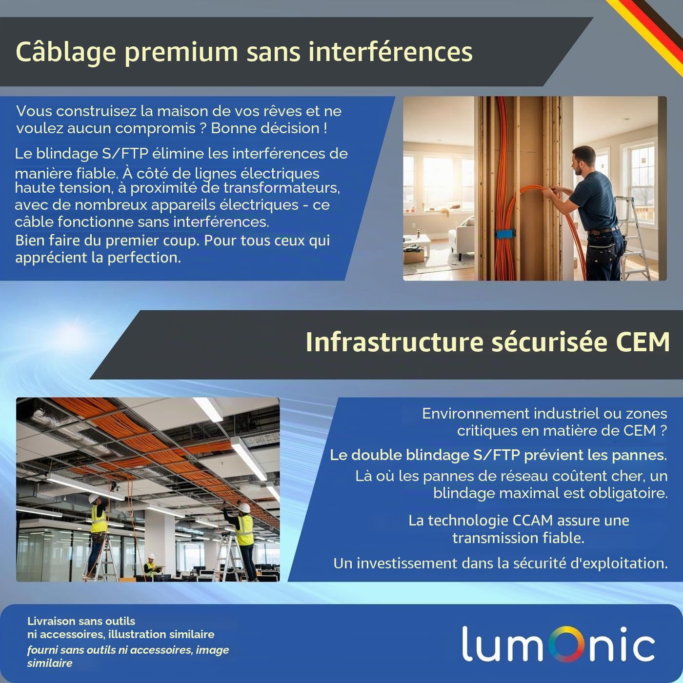 Lumonic LAN Câble de réseau 100m | LAN Câble CAT6 S/FTP | Câble d'installation 4x 2x AWG24/1 (solidr) | 250MHz 10 Gbit/s Ethernet