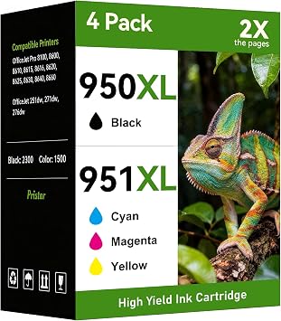 Pristar 950XL and 951XL Ink Cartridges Combo Pack Replacement for HP 950 951 Ink Cartridges Combo Pack Compatible with HP Officejet Pro 8600 8610 8620 8100 8630 8660 8640 276DW 251DW Printers, 4 Pack