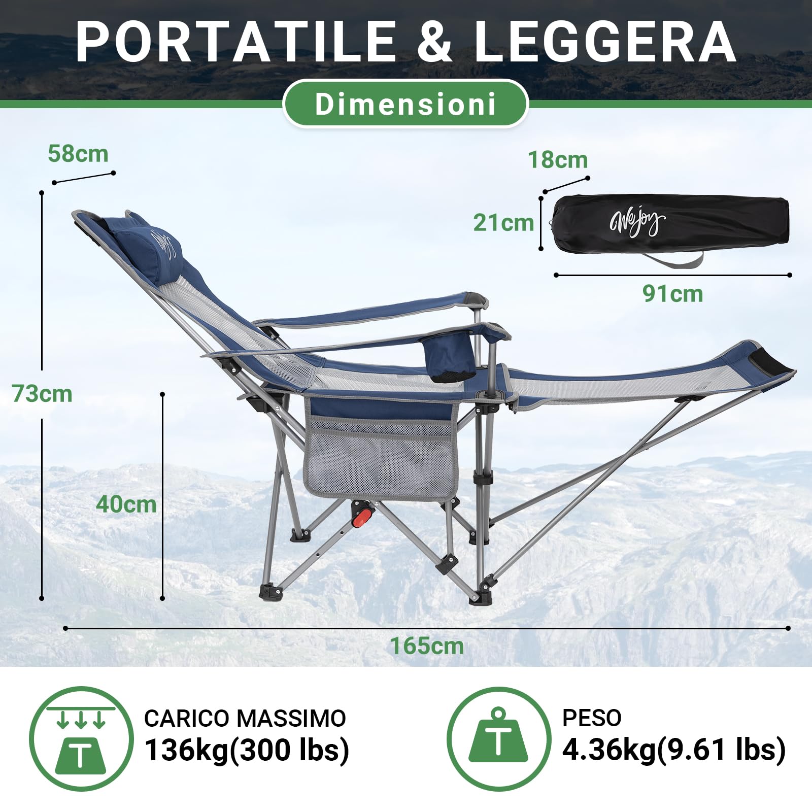 #WEJOY Set di 2 Sedia da Campeggio Pieghevole Reclinabile, Sedia Sdraio da Spiaggia Portatile, Schienale Regolabile, Poggiapiedi Staccabile, Sedia Pieghevole per Esterno Giardino Pesca, Navy Blu