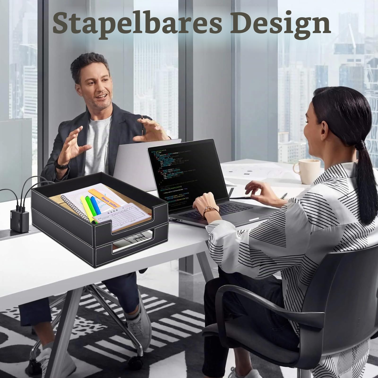 Leder Briefablage,Schreibtisch Organizer,Briefablagen & Stapelsysteme für den Schreibtisch A4-Stapelbare Ablagefächer für Briefe,Papierhalter,Postkörbe,Zeitschriften,Schwarz