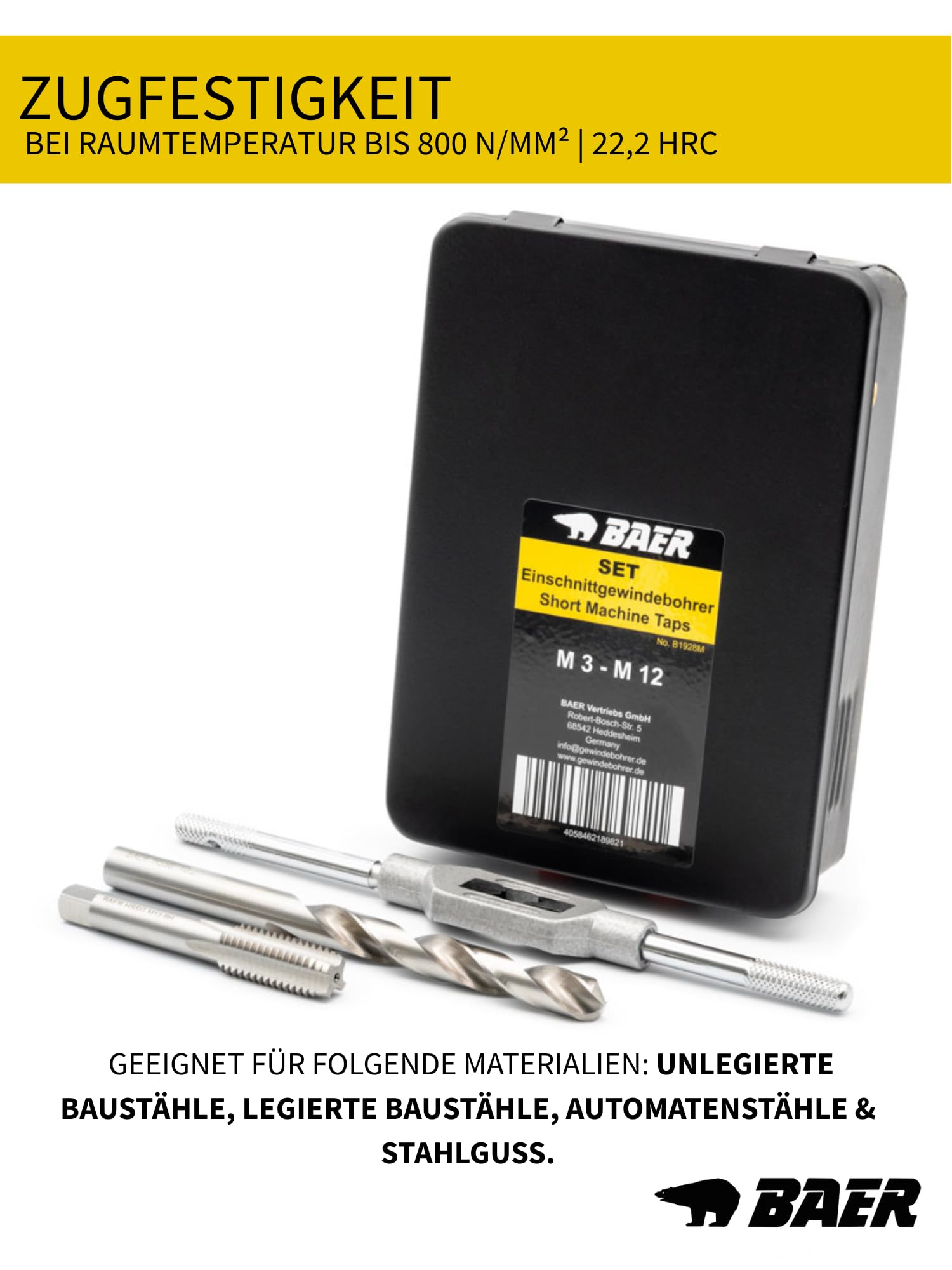 BAER Set di maschi filettati M3 – M12 HSSG – 15 pezzi | Set con trapano a foro e binari | Cassetta metallica professionale
