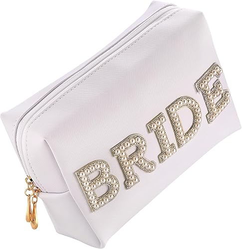 Bride Patch MRS - Bolsa de cosméticos para mujer, bolsa de maquillaje con letras de diamantes de imitación para mujer, portátil, pequeña, de piel