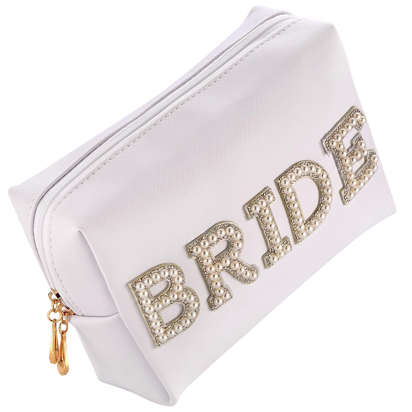 MIRIFRIGE Bride Patch MRS Cosmetic Bag,Pearl Rhinestone Letter makeup Toiletry Bag for Women, Portable Small PU Leather Waterproof bling Travel Purse