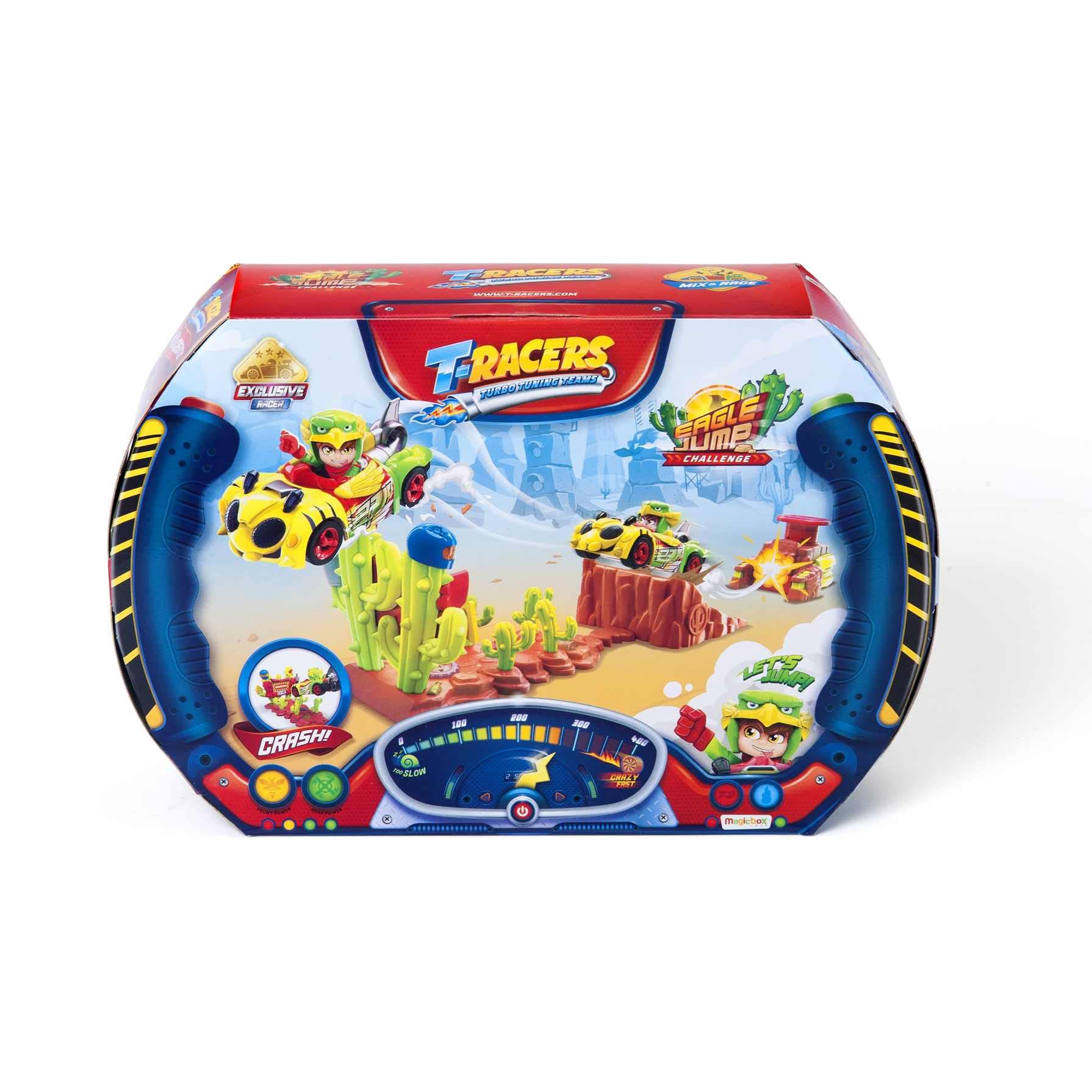 T-RACERS Eagle Jump Challenge – Launcher with Ramp and Accessories, plus exclusive driver and car.