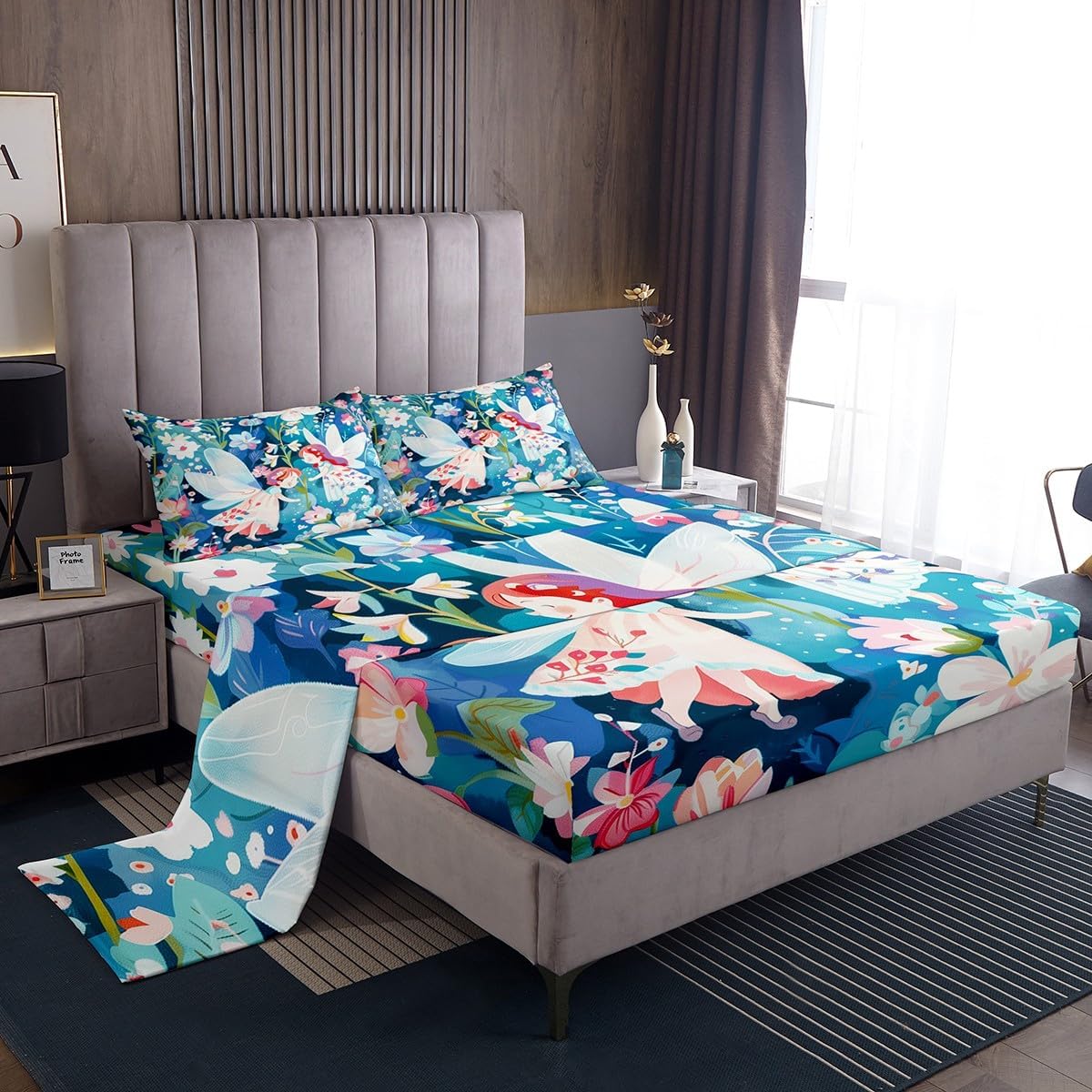 Lovely Unicorn Bed Sheet Queen Size Rainbow Flowers Sheets Sets Adults Bedroom Decor Colorful Sky Microfiber Bedding Set with Flat,Fitted Sheet,2 Pillow Cases