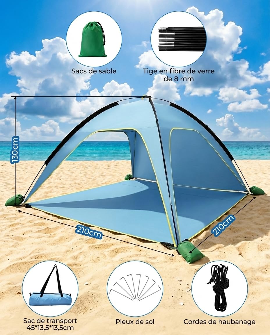 MYMULIKE Tente de plage UV50+ protection solaire, 210 x 210 x 130 cm, pour 4 à 6 personnes, polyester 190T avec barres en fibre de verre de 8 mm, portable, avec sacs de sable/piquets pour plage