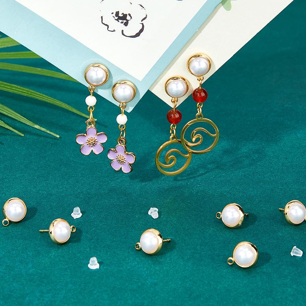DICOSMETIC 20Pcs Pearl Stud Earring Findings 18K Gold Plated Brass Stud Earring Plastic Imitation Pearl Earring Post Half Round Stud Earring with 40Pcs Plastic Ear Nuts for DIY Earring, Hole: 1.8mm