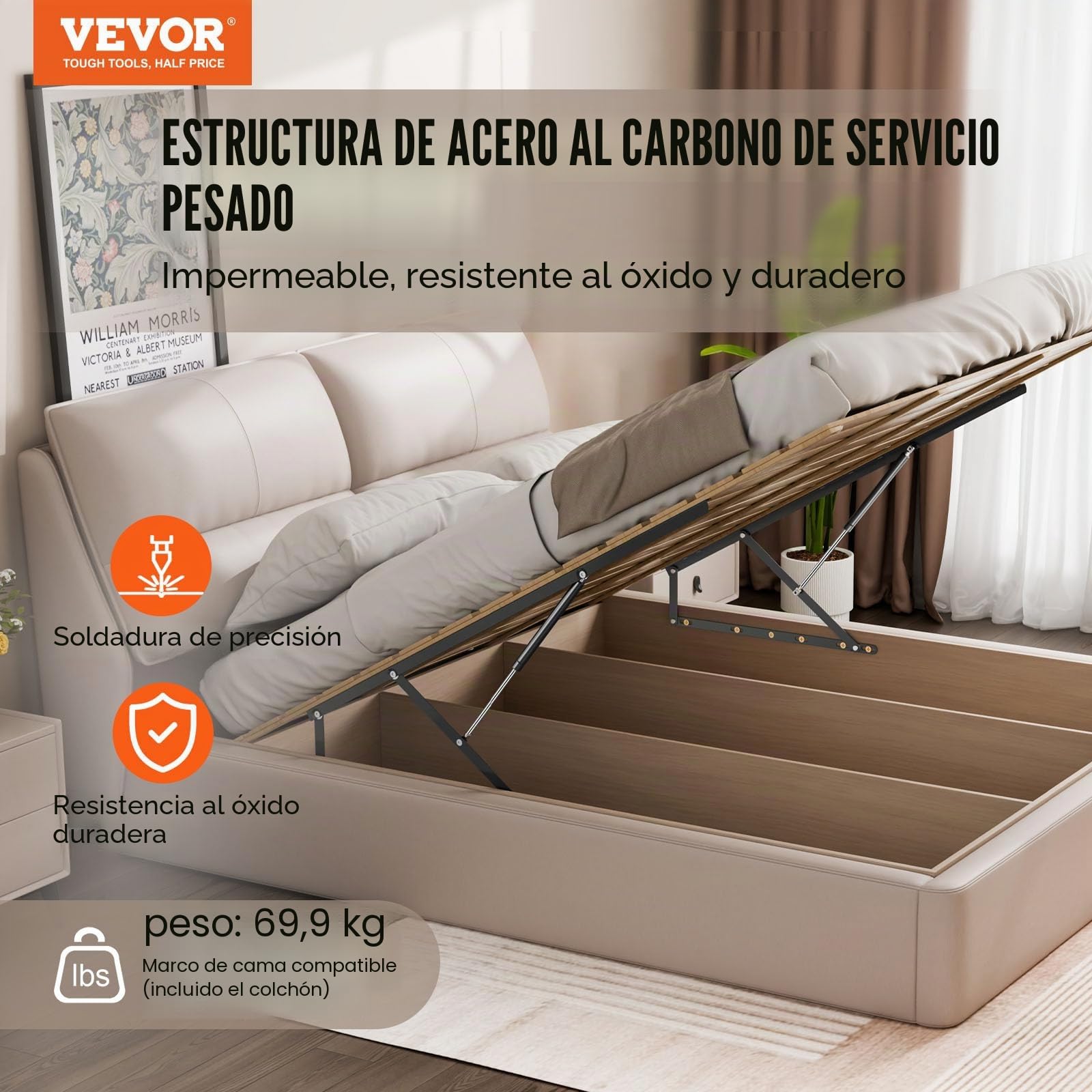 VEVOR Elevador de Cama Compatible de 150 x 180 cm Capacidad de 70 kg Kit de Hardware Mecánico de Cama Palanca Neumática Vertical de Lujo Soporte de Cama Resistente para Habitación de Invitados