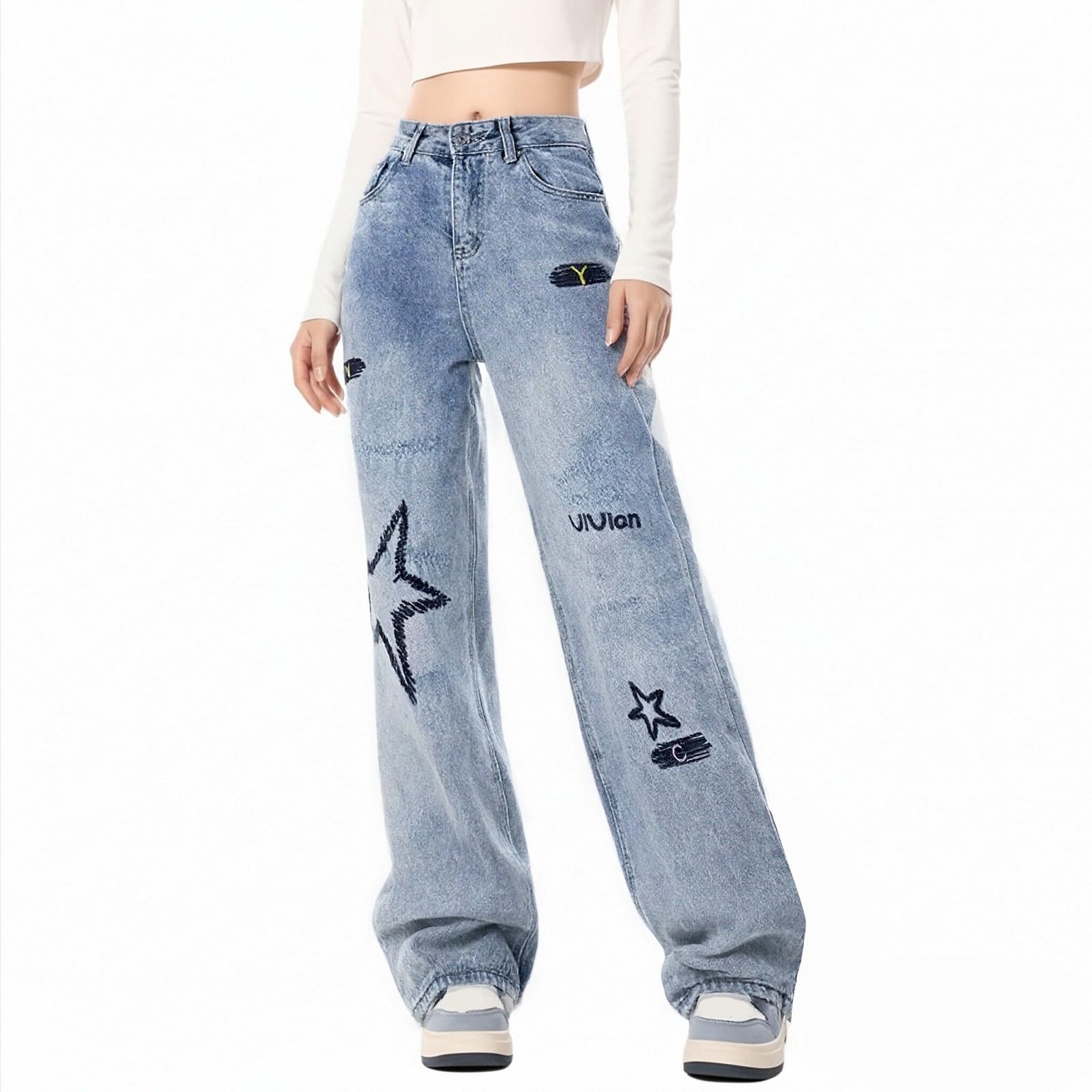 Women's High Waist Jeans with Star Print Trendy Streetwear Trousers Comfortable Casual Jeans Stylish Wide Leg Denim Trousers Boyfriend Versatile Everyday Trousers Elastic Waistband Jeans