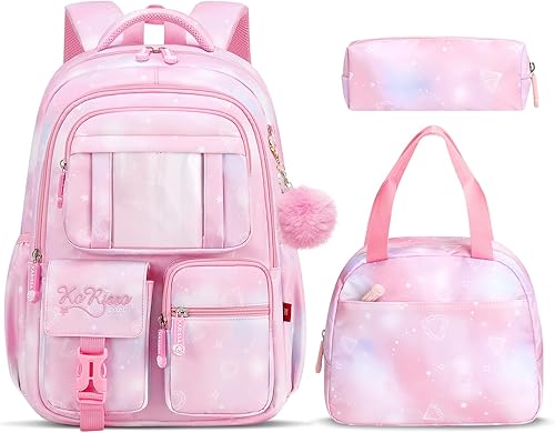 Tanou Mochila con lonchera para niñas, Rosado, Juego de mochila escolar para niña