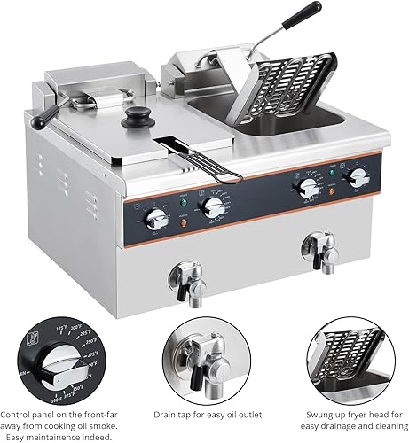 Miniatura 3 de Freidora eléctrica de doble tanque de 8L x 2, freidoras de encimera de 16L con drenaje de aceite, temporizador de 30 minutos, cabezal de freidora