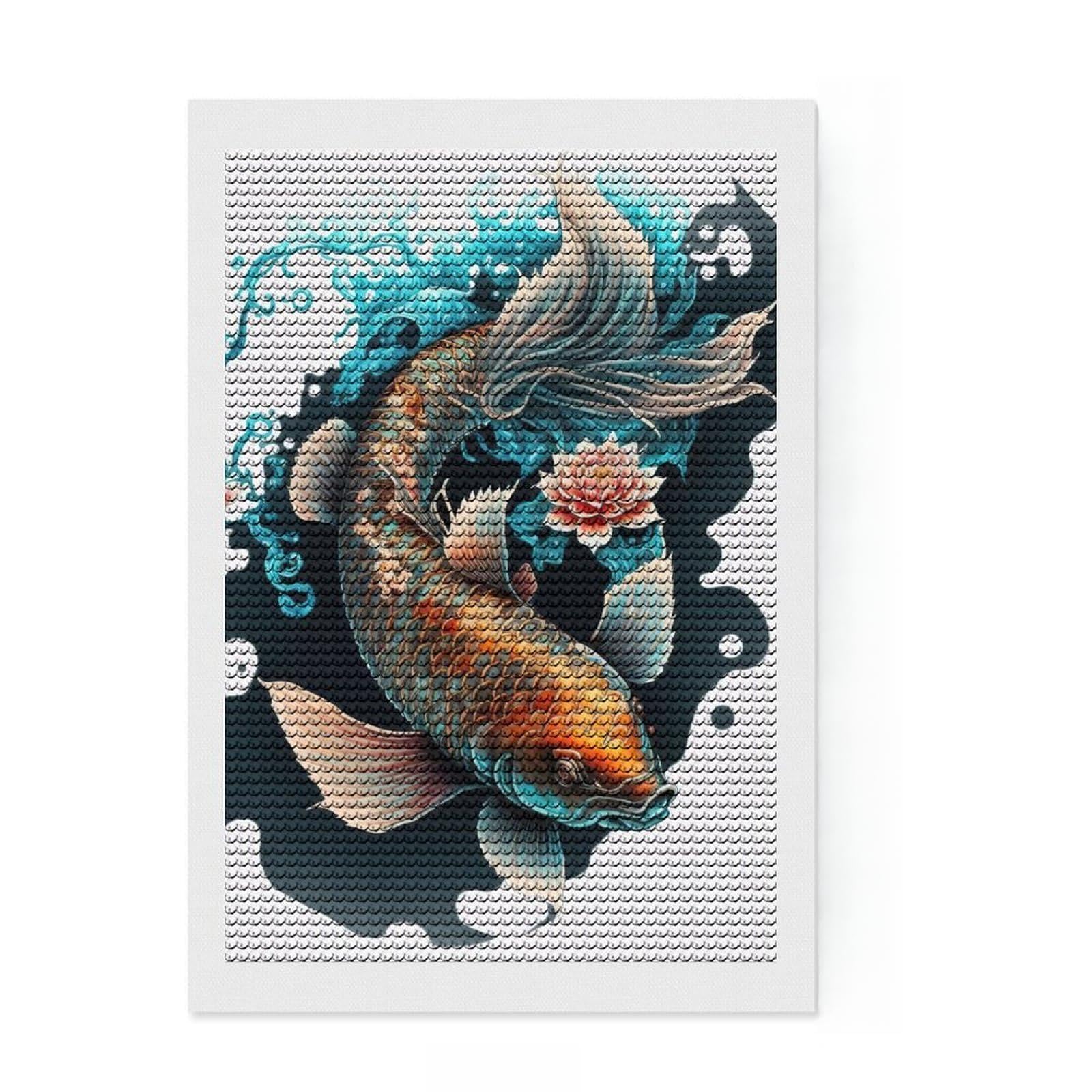 Junmoney Japanese Koi Fish Full Drill Diamond Painting Kit 8"x12", for Craft Lovers, Easy Handmade Project, Office Decor, Christmas Gift