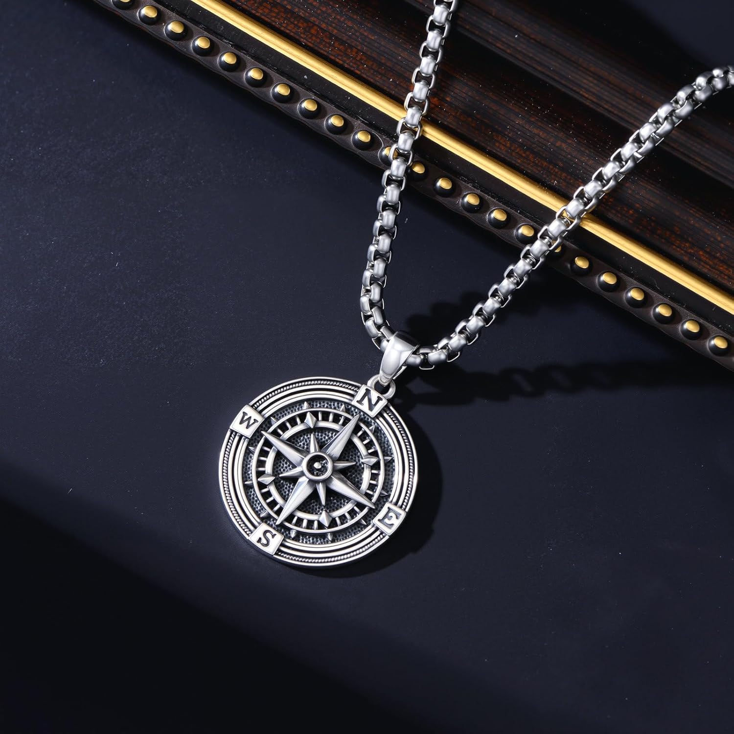 925 Sterling Silver Compass Necklace for Men, w/Stainless Steel Chain 22+2 Inch