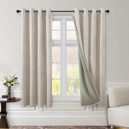 HOMEIDEAS Cortinas opacas de terciopelo beige, 52 x 63 pulgadas, oscurecimiento de la habitación, con aislamiento térmico y ojales, cortinas de