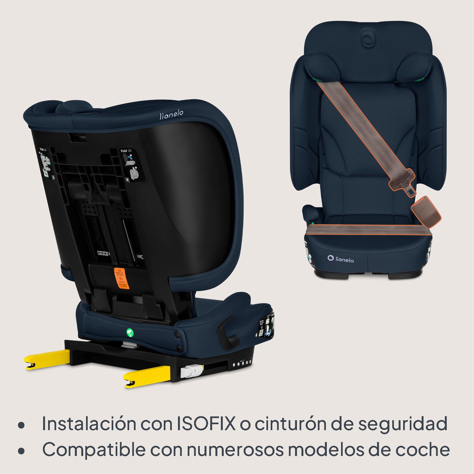 Lionelo Orin Silla Coche i-Size 100–150 cm, ISOFIX, Silla Coche Plegable y Ligera para Viaje, Reposacabezas 14 Posiciones, Respaldo Reclinable, Asiento Niños Grupo 2/3, asiento coche niños 4 años