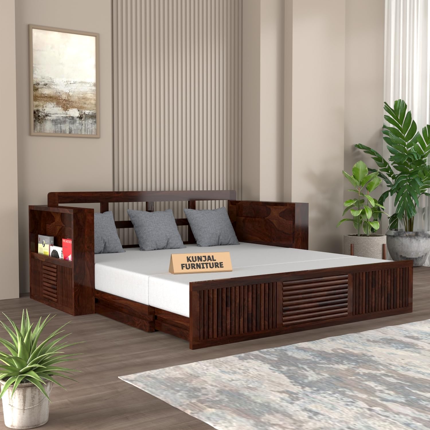 Solid Sheesham Wood Sofa Cum Bed with Storage for Living Room | 3-Seater Convertible Sofa Bed | Handmade Wooden Furniture
