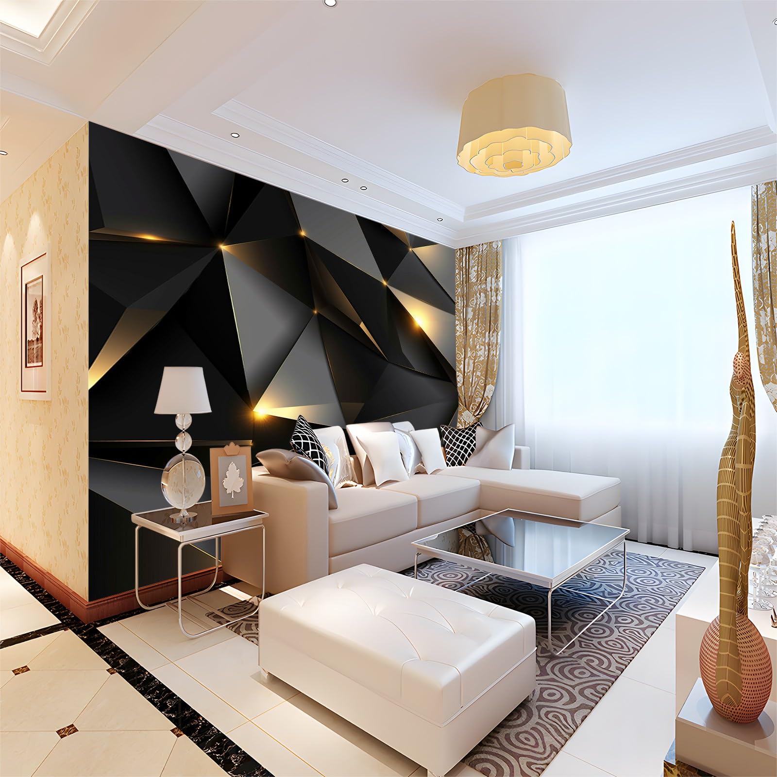 Malowidła ścienne czarna geometryczna tapeta w romb, złoty mural ścienny dekoracyjne tapety do salonu i sypialni (włóknina premium 220 g/m², 300 x 210 cm (szer. x wys.)