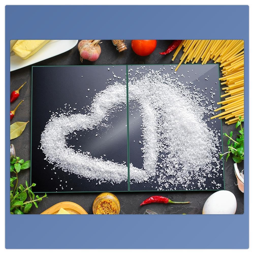 Herdabdeckplatte Abdeckung Ceranfeld Abdeckplatte Schneidebrett 2-Teilig 80x52 Herz Saltz Schwarz- Weiss Spritzschutz Glasplatte Ceranfeldabdeckung Herdschutz Sicherheitsglas Glasschneidebrett 2x40x52