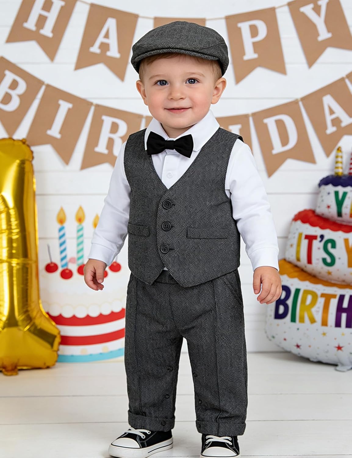 A&J DESIGN 4pcs Baby Boys Suit, 3 Months - 18 Months, Gentleman Romper & Vest & Berets Hat & Bow Tie