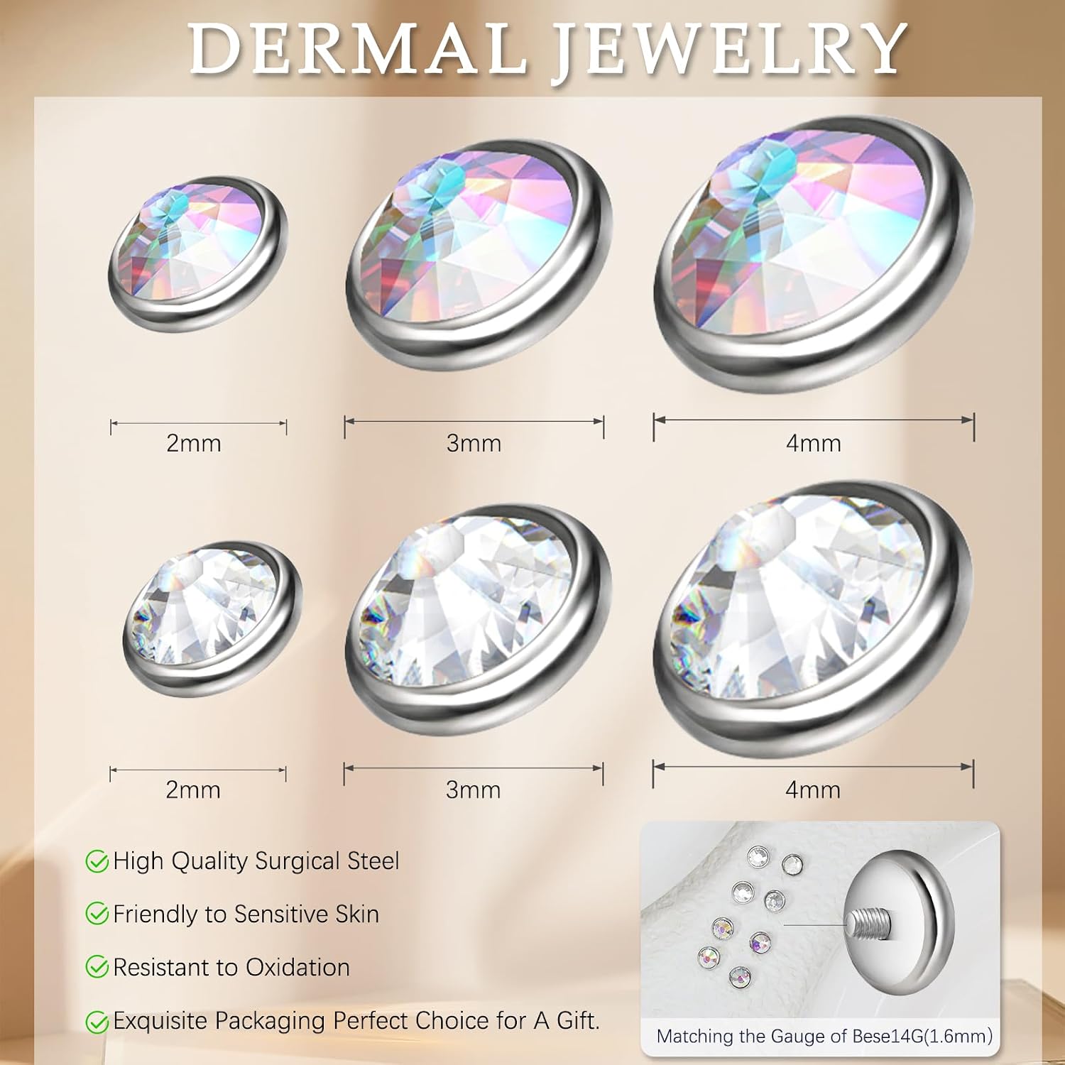 8 Pcs Hypoallergenic Dermal Jewelry 14G AB Cubic Zirconia Dermal Piercing Surgical Steel Micro Dermal Tops Skin Piercing Punk Body Jewelry Studs Gift 3mm 4mm 5mm