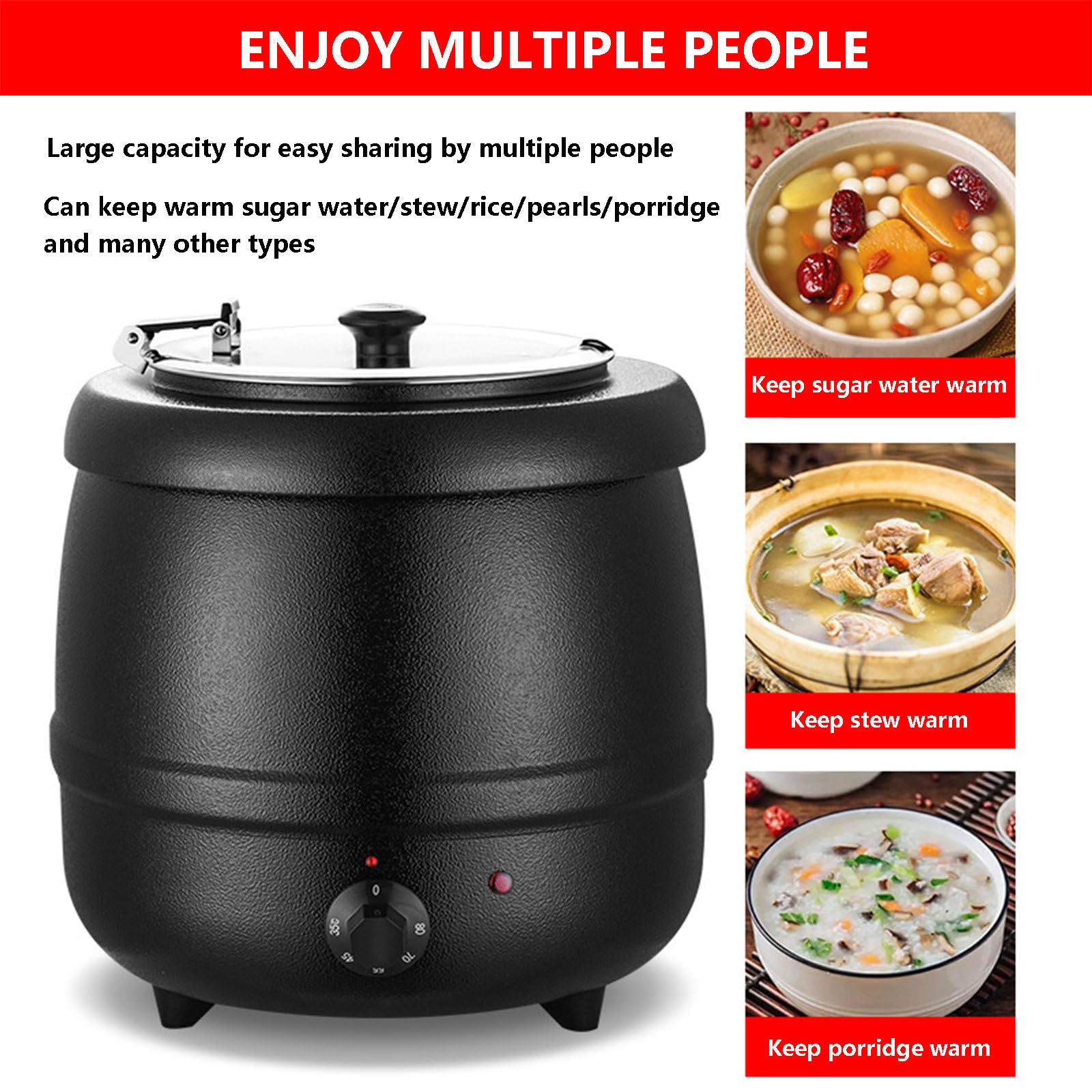 Bollitore Elettrico da Banco, Scaldavivande, Scaldavivande, capacità 13l per Mantenere Caldo Porridge, Acqua Zuccherata, Riso, con 1 Cucchiaio da Zuppa E 3 Ciotole - Nero, Bianco,Black