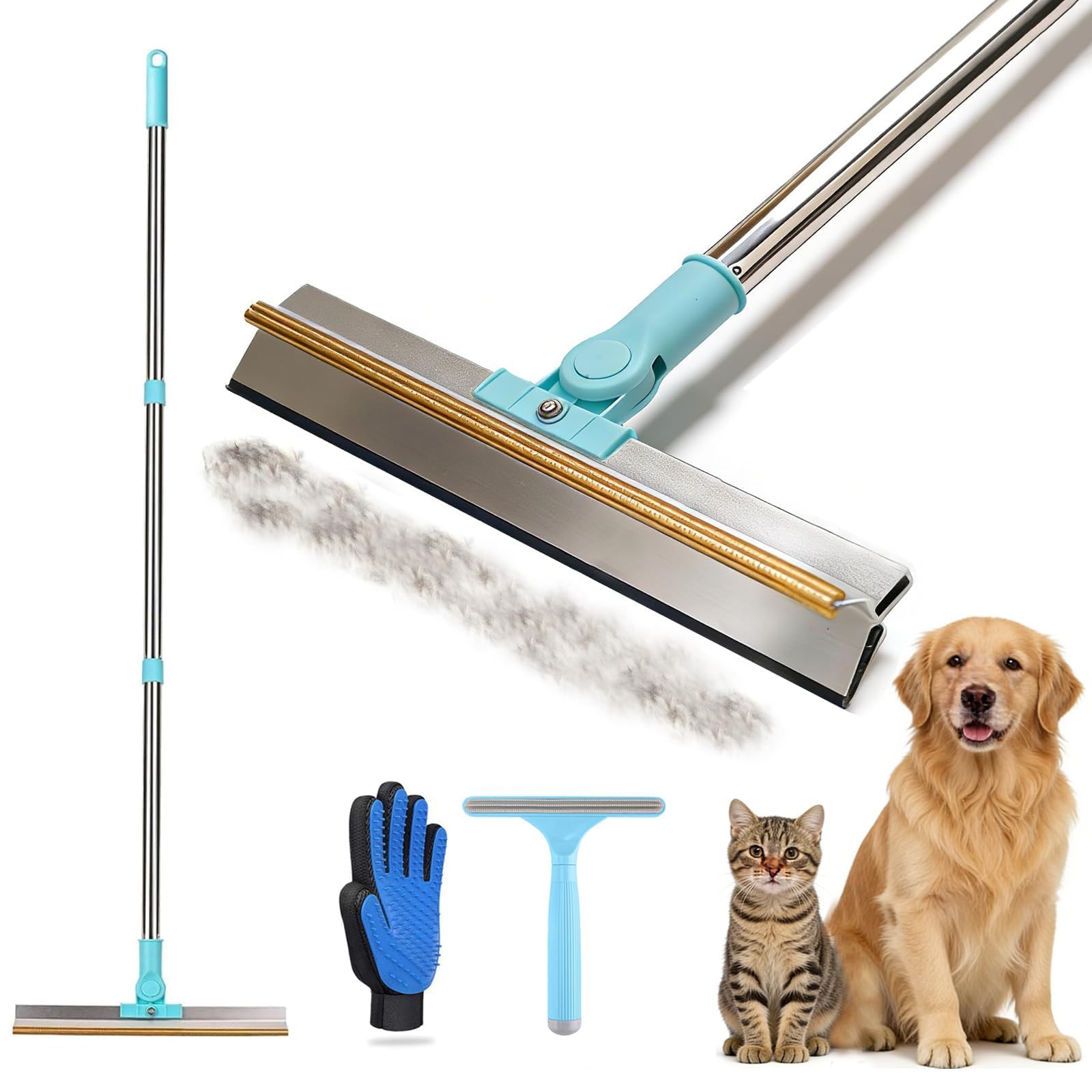 COEWUR Carpet Rake for Pet Hair Removal, Adjustable Long Handle Dual-Blade Lint Remover with Metal Edge and Scraper, Carpet Rake Lint Scraper for Couch Rug Clothes, Dog Cat Hair Removal Set of 3